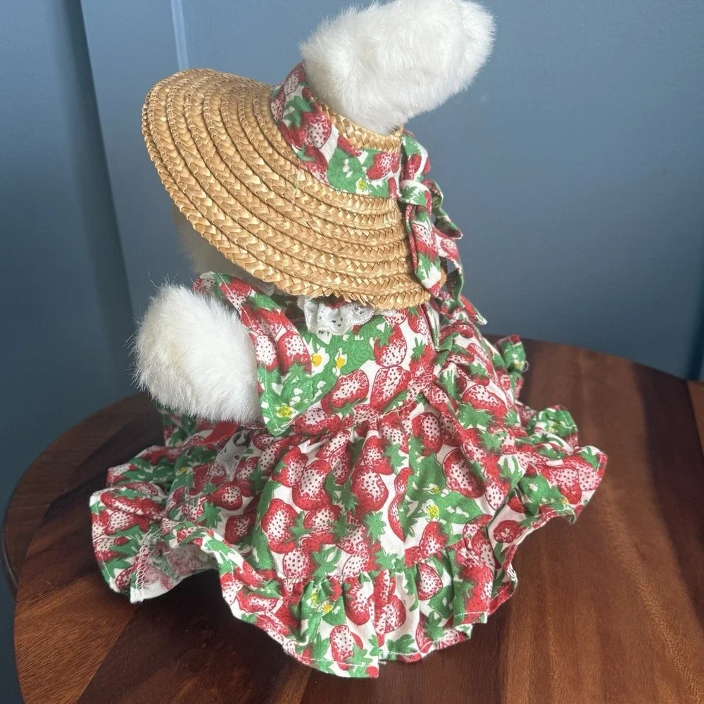 Vintage 1994 Hosung Bunny Rabbit Hand Puppet Plush Strawberry Dress Straw Hat